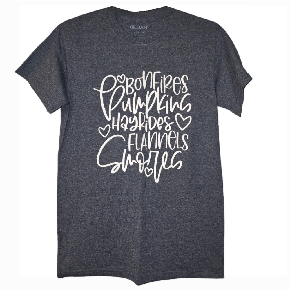 🆕"Bonfires, Pumpkins, Hayrides, Flannels, S'mores" T-Shirt, Size Small - NEW